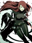  bodysuit catsuit evoker framed_breasts fur_coat gun hair_over_one_eye holster kirijou_mitsuru lipstick long_hair makeup mushisotisis persona persona_3 persona_4:_the_ultimate_in_mayonaka_arena rapier red_eyes red_hair simple_background smile solo sword thigh_holster weapon 