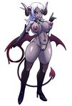  1girl artist_request black_sclera blush breasts crotchless dark_skin demon_girl demon_horns demon_tail earring earrings elbow_gloves female gloves high_heels highres horns jewelry large_breasts looking_at_viewer monster_girl nipples original pointy_ears pubic_hair purple_eyes pussy shoes simple_background sling_bikini smile solo succubus swimsuit tail teaf thighhighs thighigh_boots uncensored whip white_hair wings 