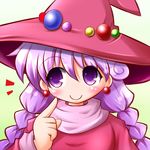  blush braid hat long_hair lowres meiru_mebi monster_maker no_nose pointing purple_eyes purple_hair rufia_(monster_maker) smile solo twin_braids twintails white_background witch_hat 