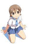  aioi_yuuko brown_hair from_above kneehighs kneeling looking_up necktie nichijou school_uniform serafuku short_hair short_sleeves skirt smile solo tokisadame_school_uniform umekichi white_background 