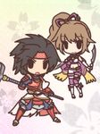  1boy 1girl :3 armor bad_id bad_pixiv_id black_hair brown_hair chibi fushigi_ebi hair_ribbon headband holding kunoichi_(sengoku_musou) navel open_mouth ponytail ribbon sanada_yukimura_(sengoku_musou) sengoku_musou simple_background solid_oval_eyes sword weapon 