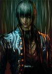  blue_eyes blue_jacket devil_may_cry et.m hair_down jacket male_focus rain realistic solo vergil wet wet_hair white_hair 