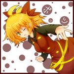  bad_id bad_pixiv_id blonde_hair blush border bow dress fang fingernails gesture hair_bow kurodani_yamame kyou_(gary_moore) one_eye_closed open_mouth outstretched_arm outstretched_hand ponytail red_border short_hair smile solo touhou yellow_eyes 