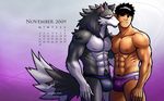  abs anthro biceps briefs bulge calendar canine claws clothed clothing duo elf eyes_closed fur gay grey_fur hair half-dressed human humbuged interspecies keric male mammal muscles nipples pecs pubes standing topless underwear vein white_fur wolf zulf 