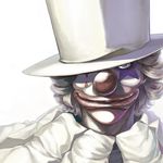  ako_(nedm) bad_id bad_pixiv_id clown clown_nose facepaint hat lowres male_focus original silver_eyes silver_hair simple_background smile solo top_hat white_background 