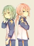  2boys aqua_eyes bad_id bad_pixiv_id brown_eyes crossed_arms green_hair inazuma_eleven_(series) inazuma_eleven_go kariya_masaki kirino_ranmaru komori393 looking_at_viewer male_focus multiple_boys pink_hair smile solid_oval_eyes track_suit twintails 