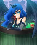  apple apple_bobbing aqua_eyes bare_shoulders blue_hair breasts bucket choker cleavage collarbone crown dress eyeshadow food fruit gloves horn in_bucket in_container long_hair luna_(my_little_pony) makeup my_little_pony my_little_pony_friendship_is_magic personification racoon-kun see-through small_breasts smile solo sparkle wings 