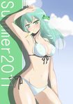  2011 bikini blush breasts cleavage deego_(omochi_bazooka) food frog_hair_ornament green_eyes green_hair hair_ornament kochiya_sanae large_breasts long_hair mouth_hold popsicle side-tie_bikini snake_hair_ornament solo swimsuit touhou 