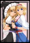  alice_margatroid apron bad_id bad_pixiv_id blonde_hair blue_eyes capelet chiro dress hairband hat holding_hands interlocked_fingers jewelry kirisame_marisa long_hair looking_at_viewer multiple_girls parted_lips ring sash short_hair smile touhou waist_apron witch_hat wrist_cuffs yellow_eyes 