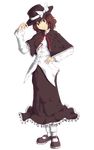  absurdres bad_id bad_pixiv_id black_capelet brown_eyes brown_hair capelet dress_shirt full_body fushigi_ebi hand_on_headwear hand_on_hip hat hat_ribbon highres ribbon shirt skirt smile solo standing touhou transparent_background usami_renko 