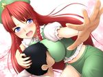  1girl beret blue_eyes blush braid breast_smother breasts chinese_clothes diisuke hat hetero hong_meiling impossible_clothes large_breasts open_mouth short_sleeves thighs touhou twin_braids 