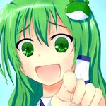  bad_id bad_pixiv_id frog_hair_ornament green_eyes green_hair hair_ornament highres kochiya_sanae laughing long_hair looking_at_viewer open_mouth pointing pointing_at_viewer simple_background solo sunuu_(miya) touhou troll_face 