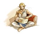  2boys book brown_hair child father_and_son indian_style link multiple_boys reading sitting the_legend_of_zelda time_paradox white_background young_link 