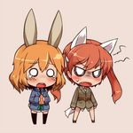  2girls amelie_planchard angry animal_ears blush bunny_ears carrot chibi francie_gerard lowres military military_uniform multiple_girls necktie null_(nyanpyoun) strike_witches tail thighhighs twintails uniform 