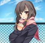  black_hair bow breath cloud coat day fence hair_bow leaning_back long_hair looking_at_viewer open_mouth original red_eyes scarf sky solo upper_body watanuki_kaname 