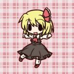  1girl :d ascot bad_id bad_pixiv_id blonde_hair chibi fang fushigi_ebi hair_ribbon open_mouth outline outstretched_arms plaid plaid_background ribbon rumia smile solid_oval_eyes solo touhou 