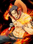  belt black_background black_hair bracelet fire freckles grin hat izumi_aki jewelry male_focus necklace one_piece pants portgas_d_ace red_eyes shirtless smile solo 