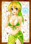  bikini blonde_hair blue_eyes blush breasts cameltoe cleavage fairy front-tie_top genderswap genderswap_(mtf) green_sarong hat large_breasts link navel navi open_mouth pointy_ears print_sarong sarong see-through shiny shiny_skin short_hair skindentation strap_pull swimsuit takecha the_legend_of_zelda translucent_sarong 