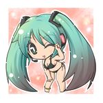  ;d anklet aqua_hair barefoot bikini breasts chibi cleavage fushigi_ebi green_eyes hand_on_leg hatsune_miku headset jewelry leaning_forward long_hair looking_at_viewer medium_breasts navel one_eye_closed open_mouth side-tie_bikini smile solo swimsuit twintails vocaloid 