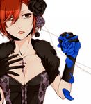  blue_flower blue_rose breasts cleavage corset cross cross_necklace earrings feather_boa flower gloves hair_flower hair_ornament hiro_satochi jewelry large_breasts lips lipstick makeup meiko necklace petals red_eyes red_hair rose short_hair solo vocaloid 