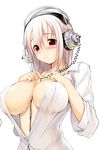  between_breasts blush breast_suppress breasts bursting_breasts center_opening cleavage covered_nipples dress_shirt headphones large_breasts mpo_stereogram nitroplus no_bra open_clothes open_shirt pink_hair red_eyes shirt sleeves_pushed_up solo super_sonico sweat tsuji_santa unbuttoned 