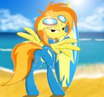  2012 beach butt ear equine eyewear female friendship_is_magic goggles hair hooves horse looking_at_viewer multi-colored_hair my_little_pony outside pegasus pony presenting sand seaside solo spitfire_(mlp) spitshy surfboard water wings wonderbolts_(mlp) 