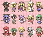  6+girls alice_margatroid anchor bad_id bad_pixiv_id bat_wings black_hair blonde_hair blue_hair book bow brown_hair bucket cape capelet chibi dress everyone flandre_scarlet fox_tail frog_hair_ornament fushigi_ebi green_hair hair_bobbles hair_bow hair_ornament hair_ribbon hairband hand_to_own_mouth hat hat_ribbon highres hinanawi_tenshi hitodama holding holding_book in_bucket in_container kagiyama_hina kisume kochiya_sanae konpaku_youmu konpaku_youmu_(ghost) long_hair maribel_hearn mizuhashi_parsee multicolored_hair multiple_girls murasa_minamitsu okazaki_yumemi one_eye_closed outline plaid plaid_background purple_hair red_hair remilia_scarlet ribbon sailor_hat scabbard shanghai_doll sheath silver_hair solid_oval_eyes sword_of_hisou tail touhou touhou_(pc-98) twintails usami_renko wings yakumo_ran yakumo_yukari 