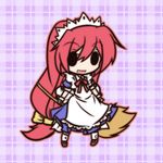  1girl :d bad_id bad_pixiv_id broom chibi fushigi_ebi holding long_hair maid maid_headdress open_mouth outline plaid plaid_background red_hair seihou smile solid_oval_eyes solo vivit 