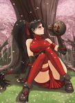  akali arm_strap black_hair blush breasts cherry_blossoms crimson_akali elbow_gloves fingerless_gloves gloves gourd highres large_breasts league_of_legends legs long_hair ponytail qinglong_zaitian shirt sitting solo taut_clothes taut_shirt thigh_strap thighhighs thighs tree very_long_hair wide_hips 