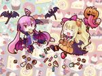  ahoge bad_id bad_pixiv_id bat bat_wings blonde_hair bubble_skirt cake candy chain checkerboard_cookie chibi cookie cosmic_break cross cupcake doughnut dress eating fang food food_on_face food_themed_hair_ornament fruit hair_ornament jelly_bean lollipop long_tongue macaron multiple_girls nemlim_mellow open_mouth orange_dress pepo_pucchi pumpkin pumpkin_hair_ornament purple_hair rattan_tantaka red_eyes ribbon skirt slice_of_cake sprinkles strawberry strawberry_shortcake swirl_lollipop tongue wings 