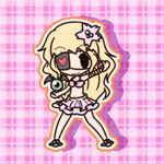  1girl :3 bad_id bad_pixiv_id blonde_hair character_request chibi eyepatch fushigi_ebi latale navel outline plaid plaid_background shadow skirt solid_oval_eyes solo 