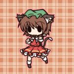  1girl :3 animal_ears bad_id bad_pixiv_id brown_hair cat_ears cat_tail chen chibi dress fang fushigi_ebi hat jewelry multiple_tails outline plaid plaid_background single_earring solid_oval_eyes solo tail touhou 