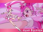  boots bow character_name cure_blossom eyelashes fuchi_minoru full_body hanasaki_tsubomi heartcatch_precure! knee_boots long_hair multiple_views open_mouth outstretched_hand pink pink_background pink_bow pink_eyes pink_hair ponytail precure puffy_sleeves skirt smile wrist_cuffs 