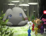  backpack bag blue_eyes brown_hair creature flower from_behind gloves grass leaf mamuta naru_(wish_field) olimar pikmin_(creature) pikmin_(series) pikmin_2 pointy_ears 