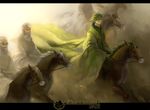  arabian cloak green_eyes green_hair horse horseback_riding letterboxed multiple_boys naked_cat pixiv_fantasia pixiv_fantasia_5 riding robe wide_sleeves 