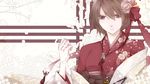  brown_eyes brown_hair flower hair_flower hair_ornament hair_ribbon highres japanese_clothes jewelry kimono meiko necklace ribbon sekii short_hair solo vocaloid wallpaper 