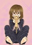  anarogumaaa bad_id bad_pixiv_id barefoot brown_eyes brown_hair cat colorized glasses holding original solo 