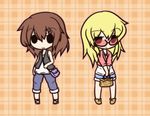 0_0 2girls bad_id bad_pixiv_id bag blonde_hair chibi fushigi_ebi hair_ornament hairclip holding long_hair maribel_hearn multiple_girls outline plaid plaid_background short_shorts shorts solid_oval_eyes sunglasses touhou usami_renko v_arms 