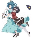  belt black_hair blue_eyes blue_hair chain cuffs dress hair_ornament hair_rings hair_stick hat hat_removed headwear_removed hug iroyopon jiangshi kaku_seiga miyako_yoshika multiple_girls ofuda open_mouth short_hair touhou vest yellow_eyes 