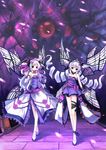  bare_shoulders book bow demon_girl dress drill_hair flower head_wings highres holding horns hoshi_no_gen long_hair multiple_girls no_nose open_mouth original red_eyes shoes siblings silver_hair sisters standing succubus twin_drills twins twintails very_long_hair wings 