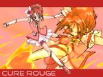  bike_shorts character_name cure_rouge eyelashes fingerless_gloves fuchi_minoru full_body gloves hair_ornament hairpin kneehighs magical_girl natsuki_rin precure red red_background red_eyes red_hair red_shorts serious shoes short_hair shorts shorts_under_skirt skirt solo yes!_precure_5 