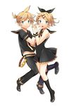  1girl aqua_eyes blonde_hair brother_and_sister dress hair_ornament hair_ribbon hairclip holding_hands kagamine_len kagamine_rin mary_janes open_mouth ribbon sailor_collar shoes short_dress short_hair shorts siblings simple_background smile socks toudou_charo twins vocaloid 