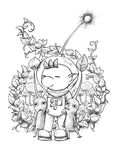  :&lt; =_= astronaut astronaut_helmet bodysuit bug butterfly creature full_body greyscale insect leaf looking_at_viewer monochrome naru_(wish_field) olimar pikmin_(creature) pikmin_(series) plant pointy_ears simple_background standing standing_on_one_leg white_background 