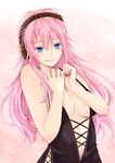  areola_slip areolae bad_id bad_pixiv_id bare_shoulders blue_eyes breasts center_opening cleavage headphones kay_(utd) long_hair medium_breasts megurine_luka nail_polish navel pink_hair smile solo vocaloid 