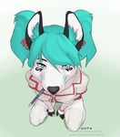  canine close-up female green_eyes green_hair hair icee kneeling looking_at_viewer onta pen perspective solo uniform white_fur wolf 