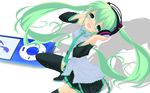  aqua_eyes aqua_hair digital_media_player hatsune_miku headphones highres listening_to_music long_hair looking_at_viewer looking_up necktie skirt smile solo terun thighhighs twintails very_long_hair vocaloid 