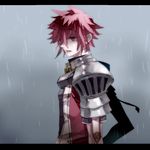  armor colored_eyelashes elsword elsword_(character) grey_background letterboxed lord_knight_(elsword) male_focus mori_(1804282) rain red_eyes red_hair shirt solo spiked_hair wet 