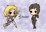  2boys black_hair blonde_hair bow_(weapon) cellphone chibi copyright_name el_shaddai enoch fushigi_ebi hand_on_hip holding lucifel_(el_shaddai) male_focus multiple_boys outline phone smile solid_oval_eyes weapon 