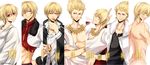  alcohol bad_id bad_pixiv_id blonde_hair bracelet character_name child_gilgamesh coat column_lineup costume_chart cup drinking_glass earrings eating fate/hollow_ataraxia fate/stay_night fate/zero fate_(series) food gilgamesh hair_down hair_up jewelry male_focus multiple_persona necklace nude red_eyes sandwich toga v-neck wet white_background wine wine_glass younger zerocastle 