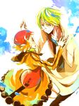  1girl aquarion_(series) aquarion_evol blonde_hair coat dorayan dress eye_contact gradient_hair holding_hands interlocked_fingers jin_musou looking_at_another multicolored_hair orange_hair red_hair short_hair smile tears yunoha_thrul 